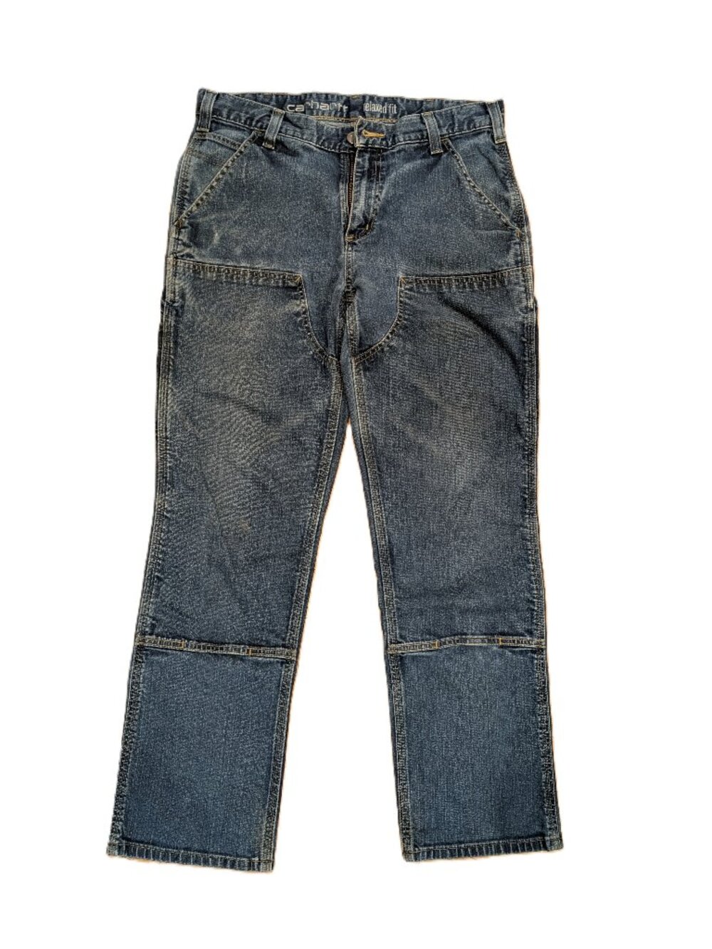 Carhartt Blue Denim Double Knee Work Jeans Relaxed Fit Straight Leg - 33 x 30